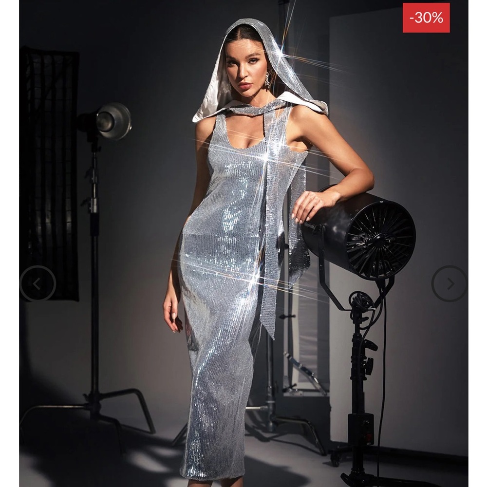 Drape back silver sequin hooded dresss